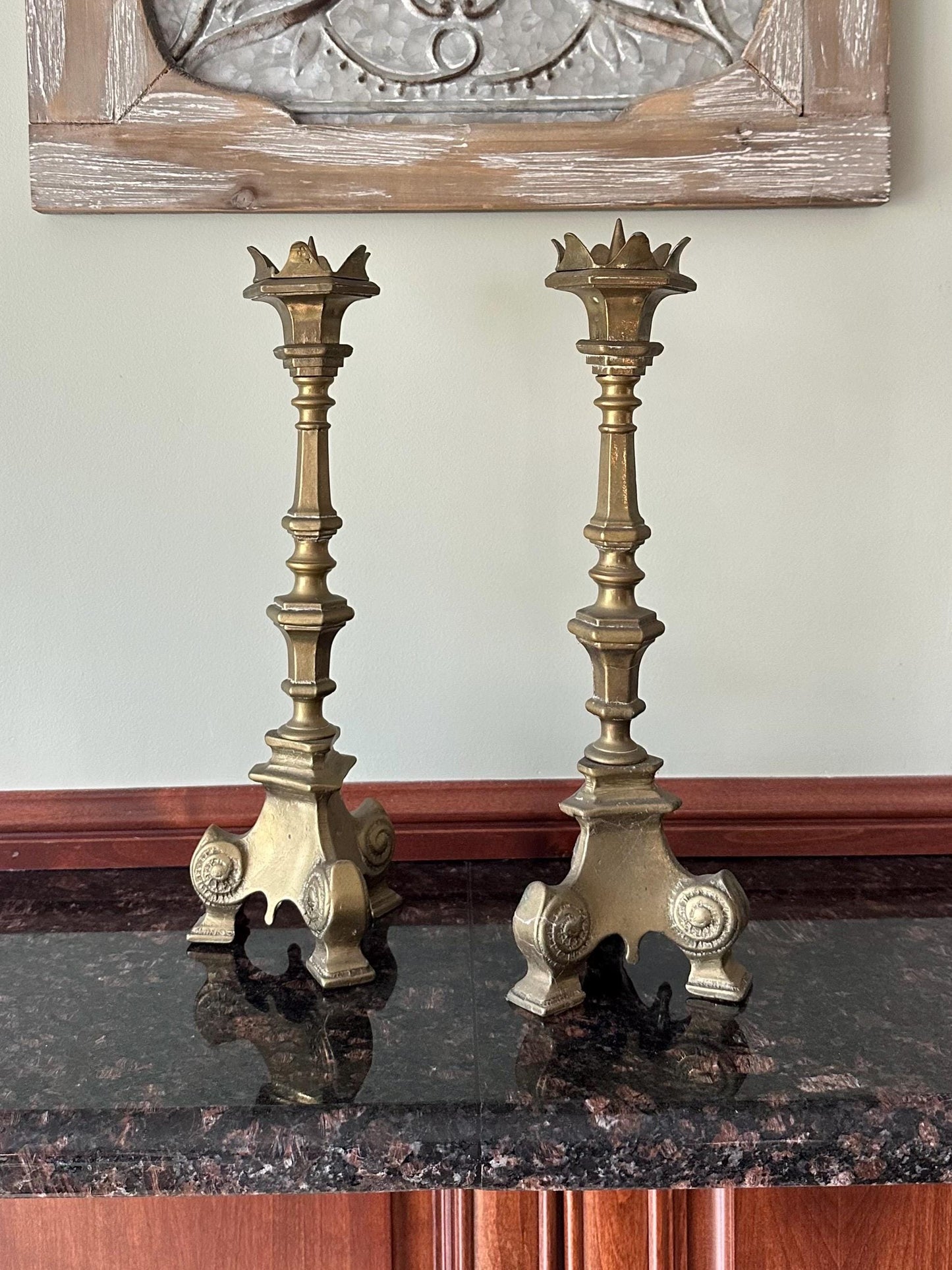 Pair of 1950s French Gothic Style Solid Brass Large Taper Candleholders Prickets