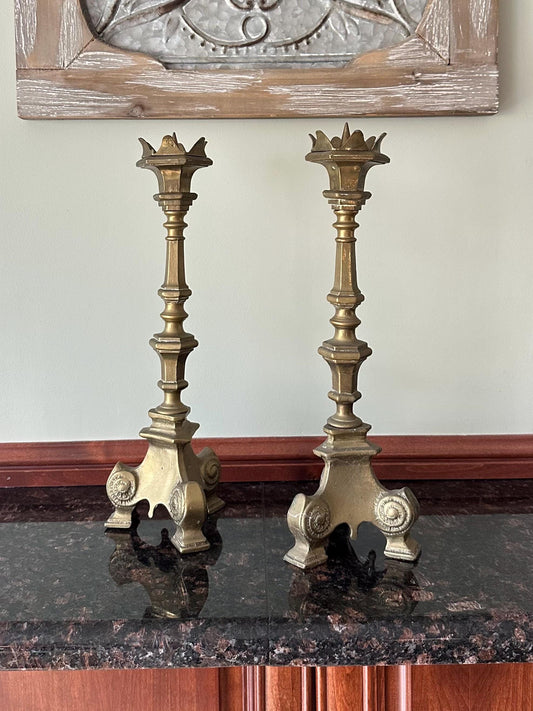 Pair of 1950s French Gothic Style Solid Brass Large Taper Candleholders Prickets