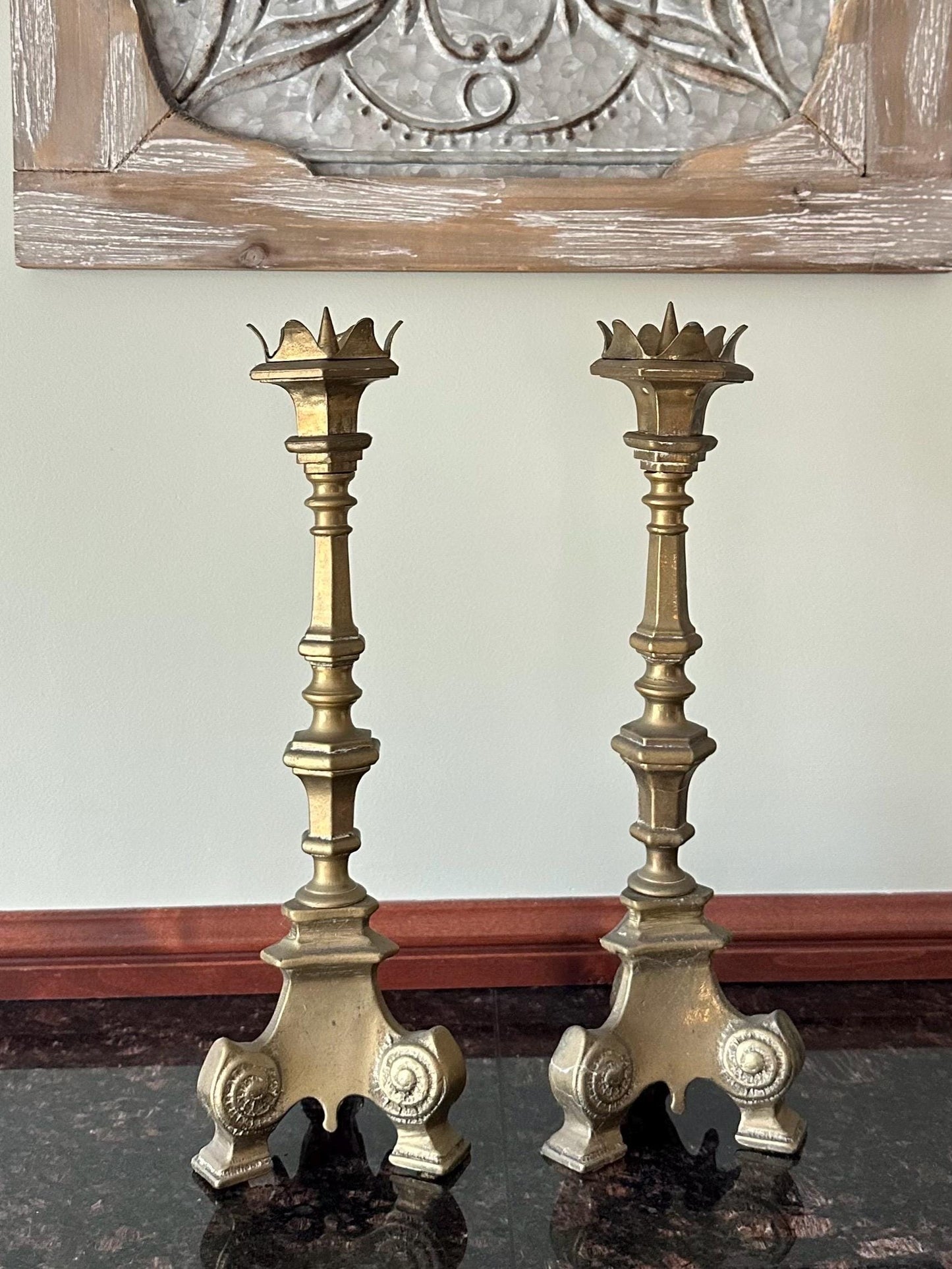 Pair of 1950s French Gothic Style Solid Brass Large Taper Candleholders Prickets