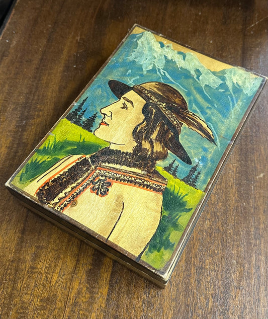 Vintage European Folk Art Hand Carved & Hand Painted Wood Lidded Trinket Box