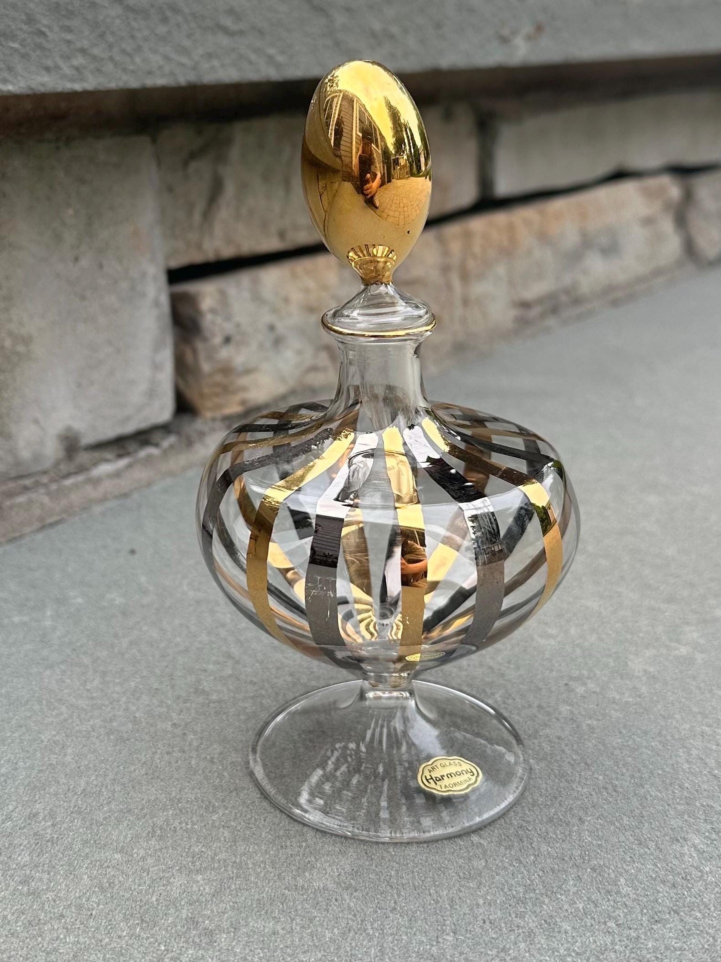 Vintage Midcentury Sicilian Italian Glass Taormina Gold & Silver Hand Painted Perfume Bottle Harmony Art Glass