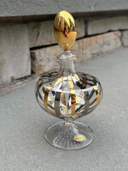 Vintage Midcentury Sicilian Italian Glass Taormina Gold & Silver Hand Painted Perfume Bottle Harmony Art Glass