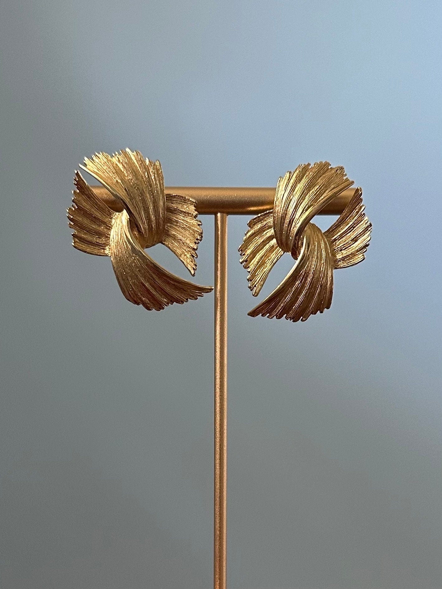 1980s 1990s Givenchy Paris New York Signed Gold Tone Textured Abstract Pierced Earrings Statement