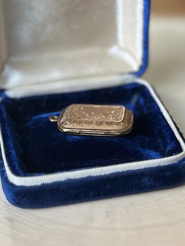 Antique 19th Century Victorian Gold Filled Hand Engraved Rectangular Locket 2 Tin Type Photos Husband & Wife Mourning