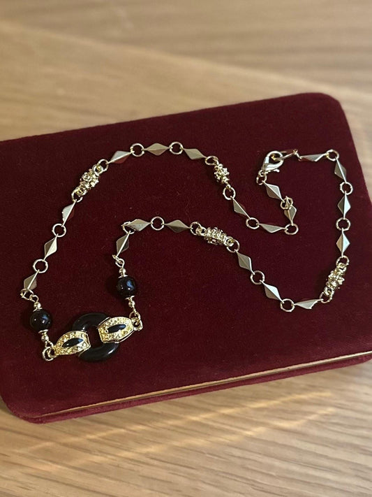 Vintage Shiny Gold Tone & Black Geometric Textured Necklace