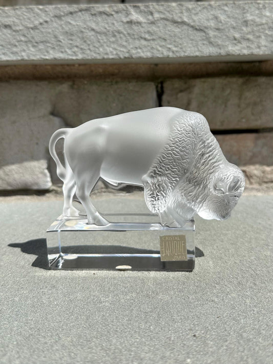 1970s Signed LALIQUE Paris France Cristal Frosted Crystal Buffalo Bison Paperweight
