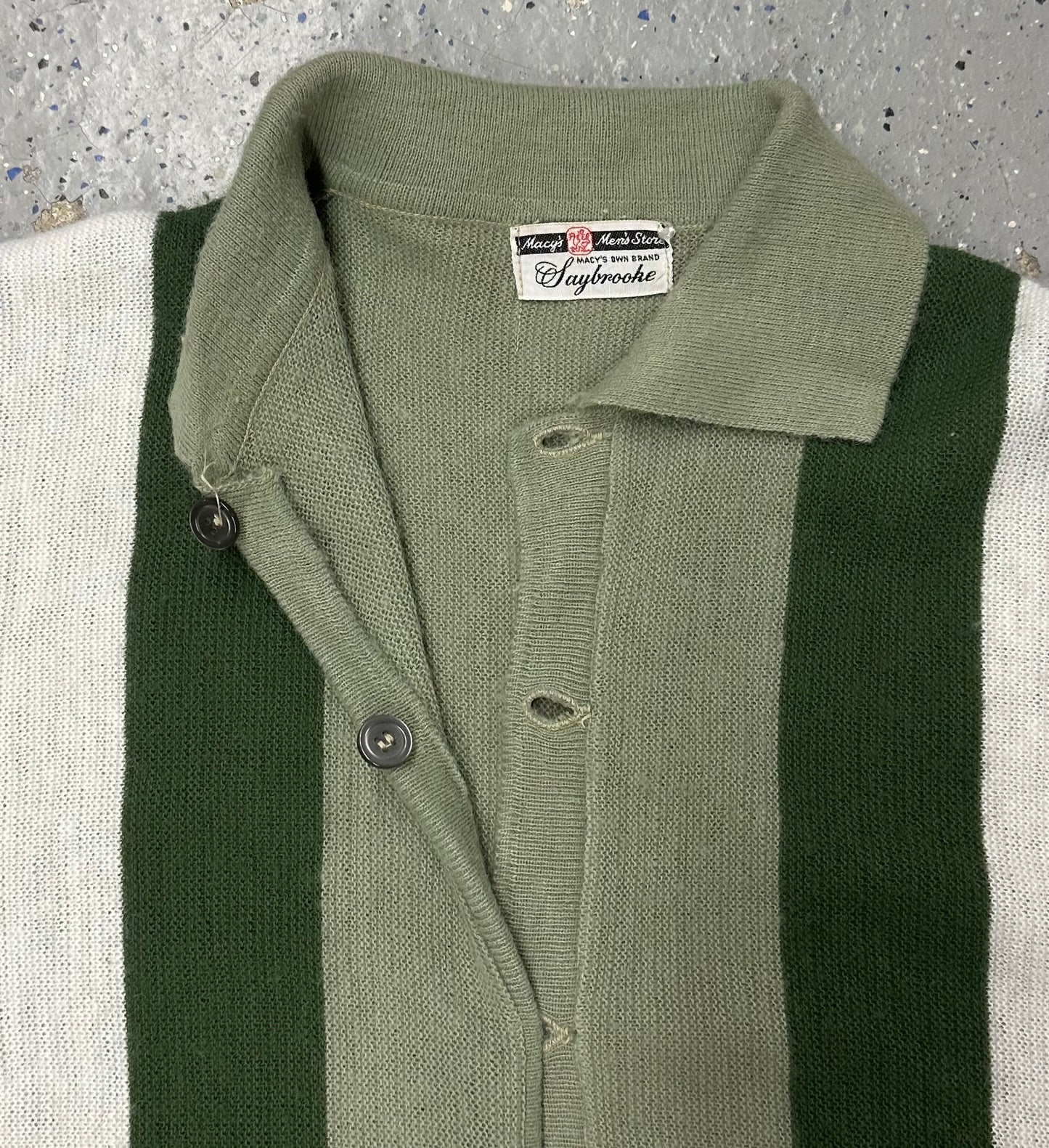 1960s Macy's Men's Store Saybrooke Green & White Stripe Collared Shirt