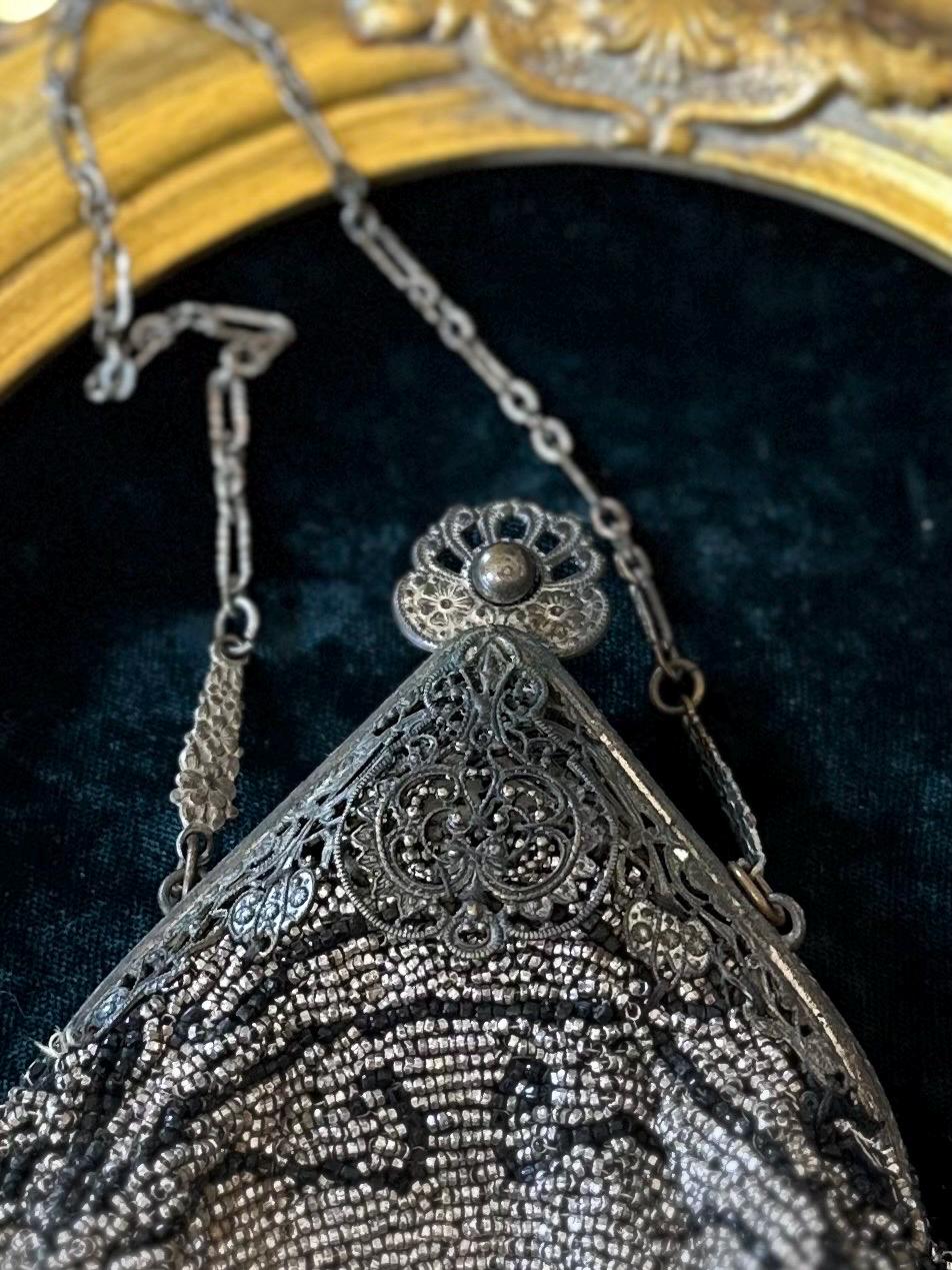 Antique Circa 1910s Edwardian Silver Steel & Black Glass Micro Beaded Evening Bag with Compact Mirror