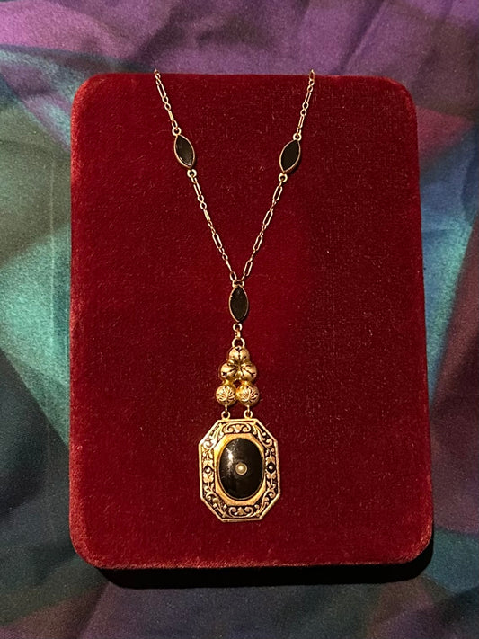 Antique Edwardian Era Gold Filled Black Onyx & Seed Pearl Pendant Necklace