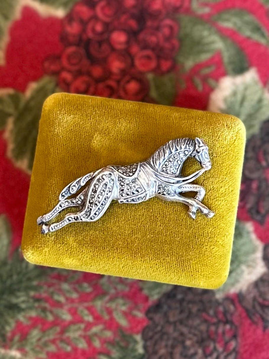 1980s 1990s Signed BOMA Sterling Silver & Marcasite Galloping Horse with Reigns Brooch