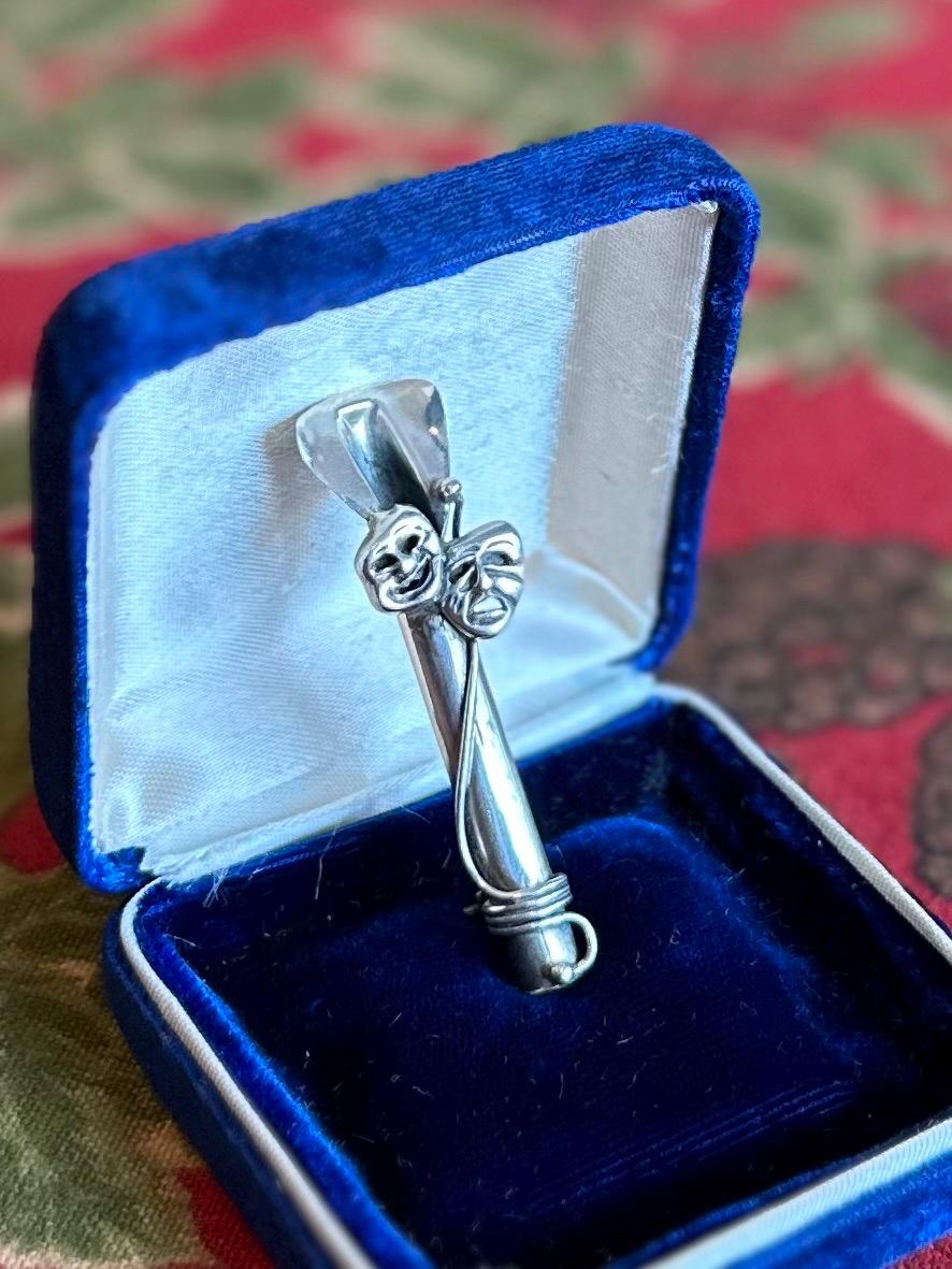 Vintage Signed REO Sterling Silver Comedy & Tradegy Drama Masks Cylindrical Flower Holder Brooch Pin Theater Boutonnière