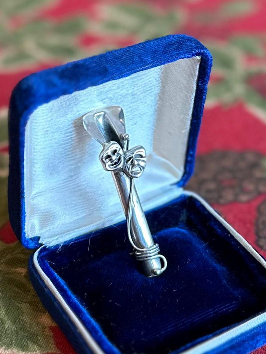 Vintage Signed REO Sterling Silver Comedy & Tradegy Drama Masks Cylindrical Flower Holder Brooch Pin Theater Boutonnière