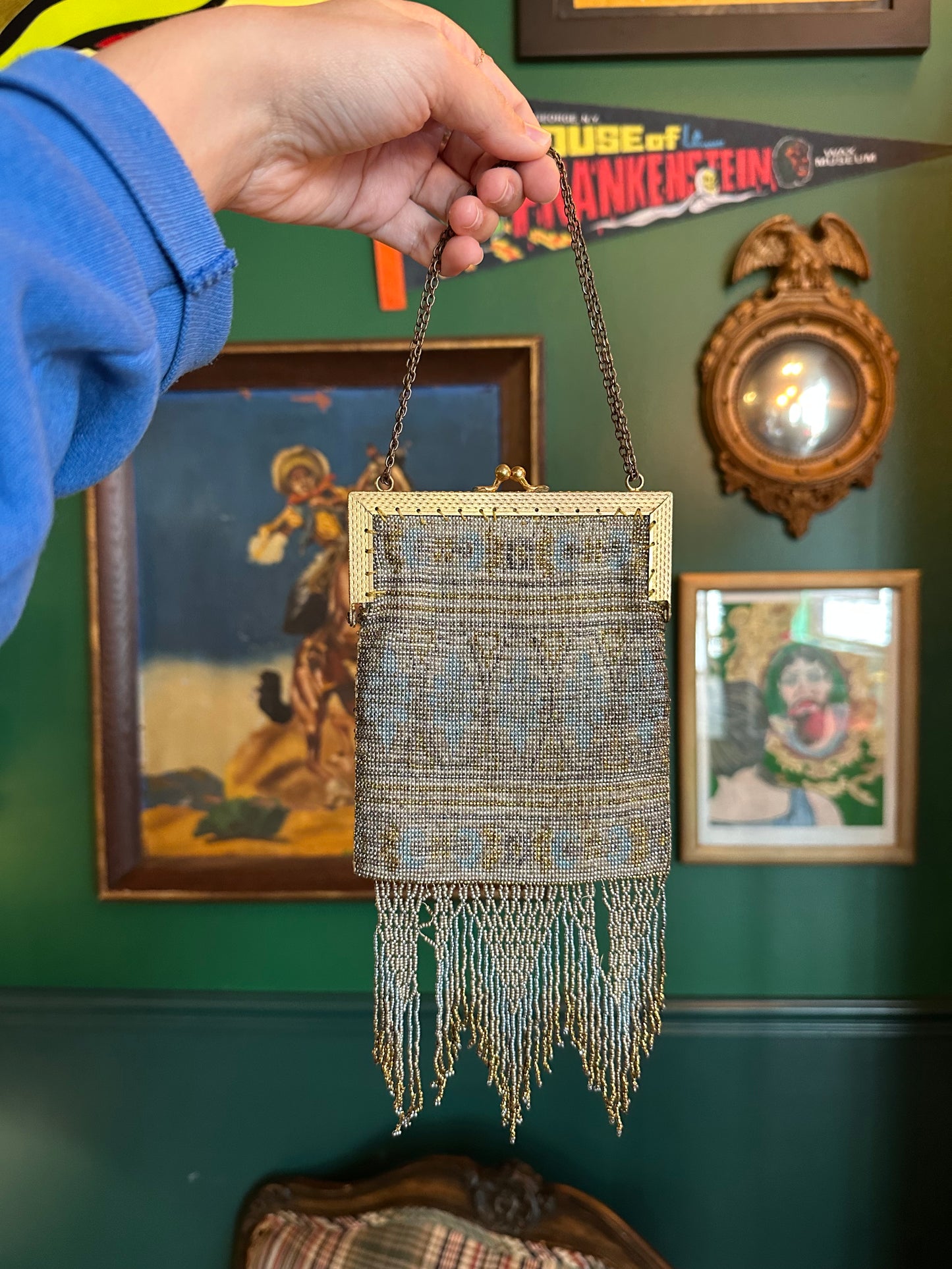 Antique 1900s Edwardian French Steel Micro Beaded Evening Purse with Fringe