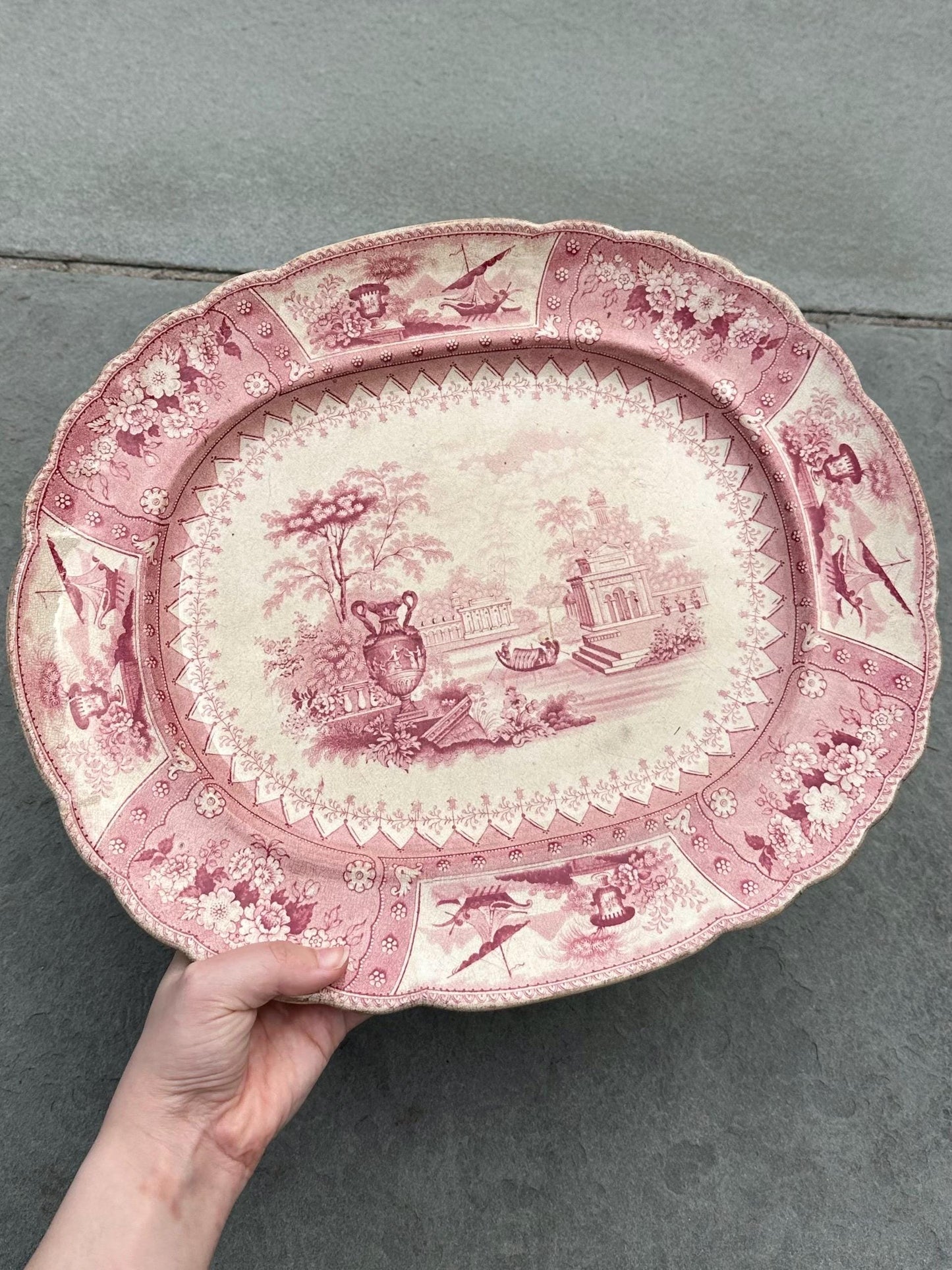 Antique 1800s Georgian Stoneware Early Staffordshire Red Pink Transferware Platter