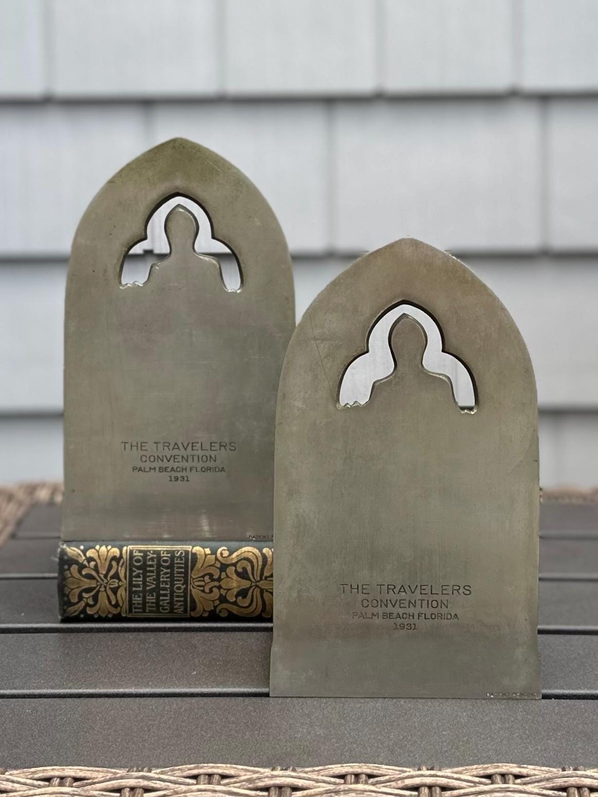 1930s Art Deco Bronze Knight in Archway The Travelers Convention Palm Beach FL 1931 Bookends