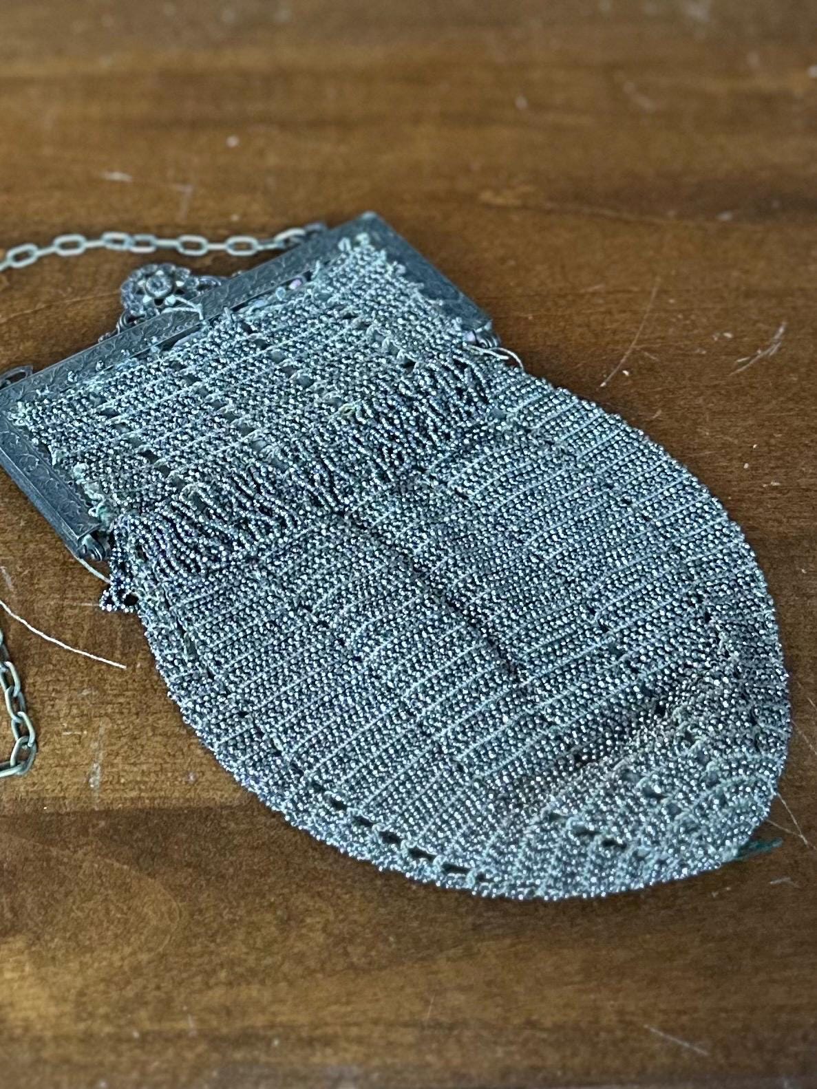 Antique 1920s Art Deco Silver Tone Steel Beaded Purse Evening Bag