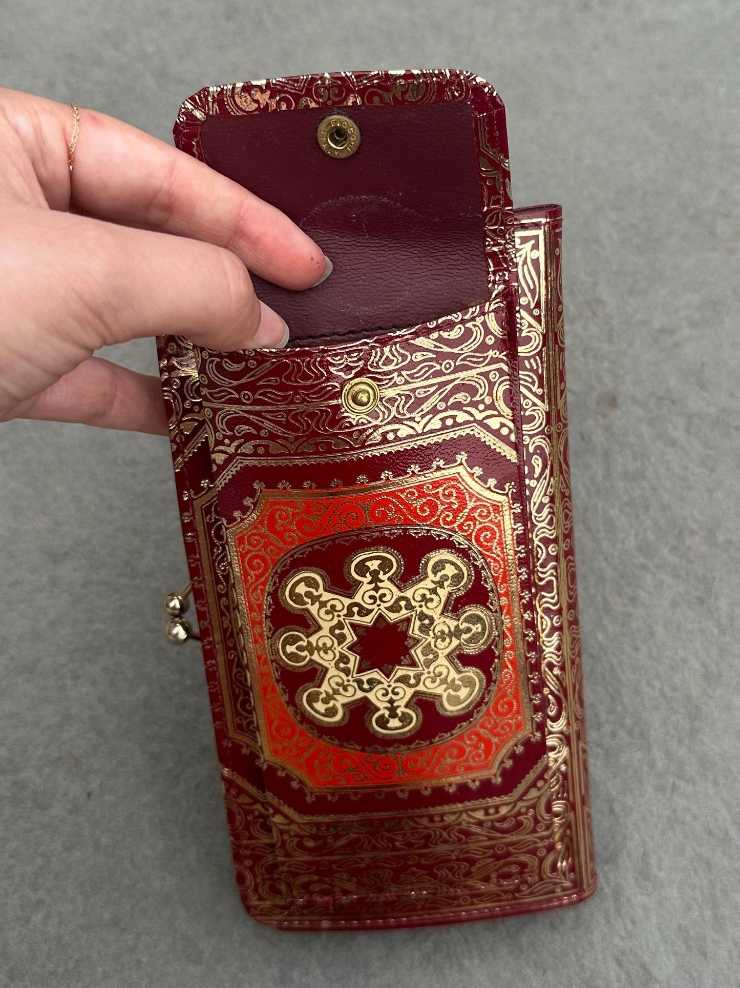 1940s 1950s Florentine Gold Embossed Maroon Red Italian Genuine Leather Continental Wallet