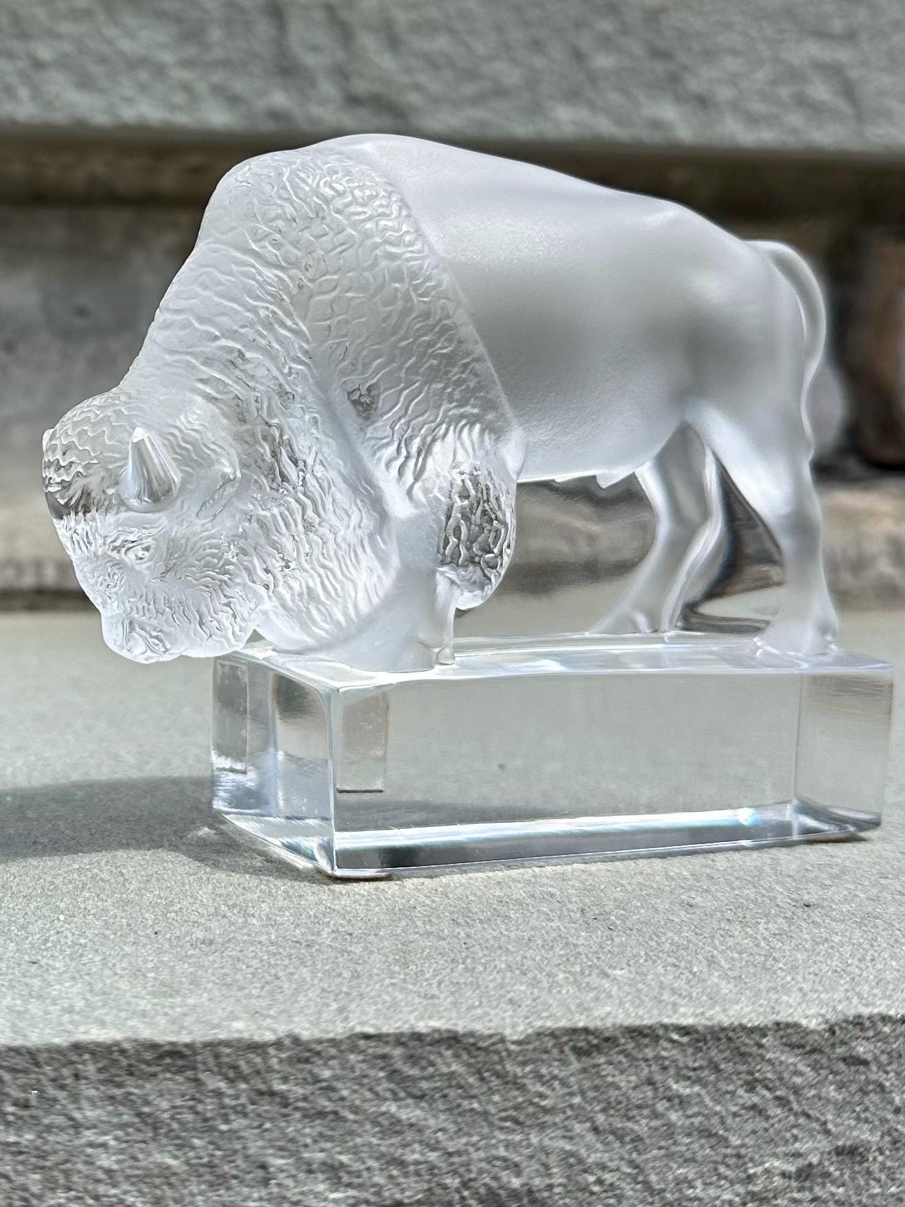 1970s Signed LALIQUE Paris France Cristal Frosted Crystal Buffalo Bison Paperweight