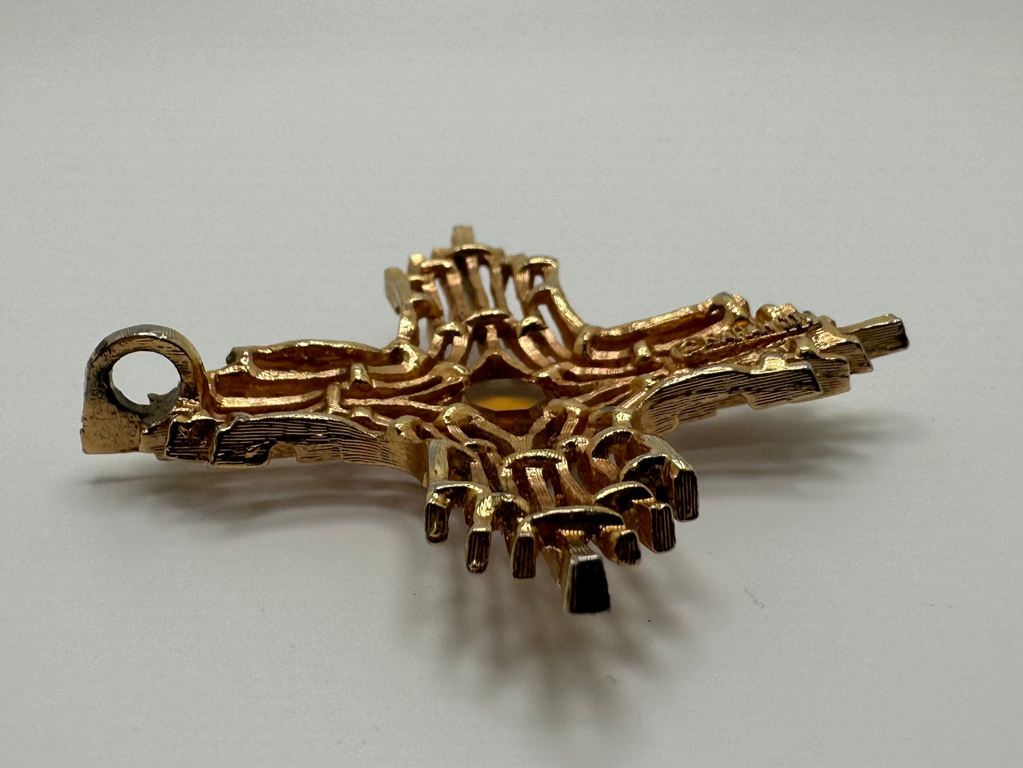 1960s 1970s Signed Sarah Coventry Gold Tone And Faux Topaz Omega Cross Pendant