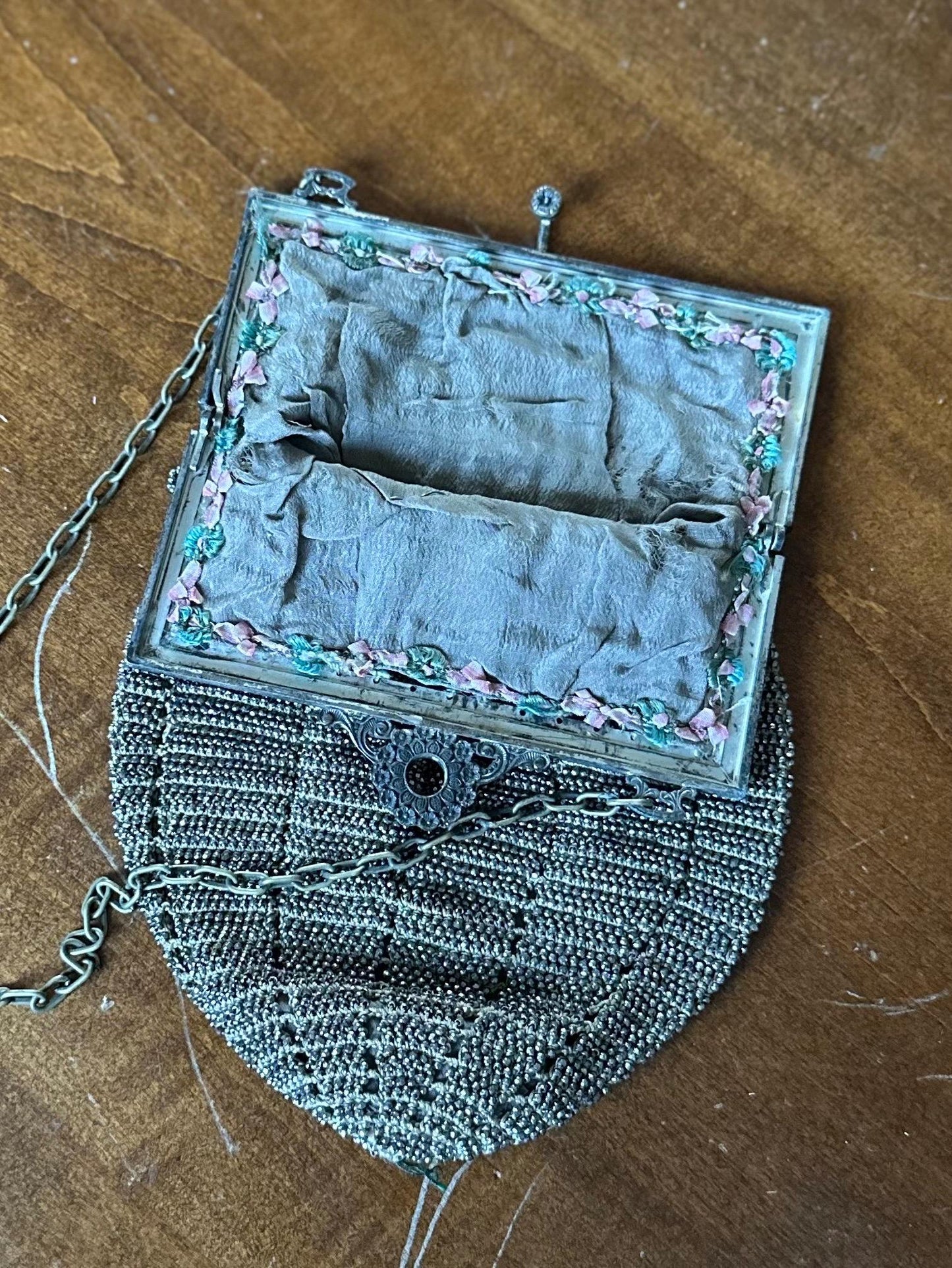 Antique 1920s Art Deco Silver Tone Steel Beaded Purse Evening Bag