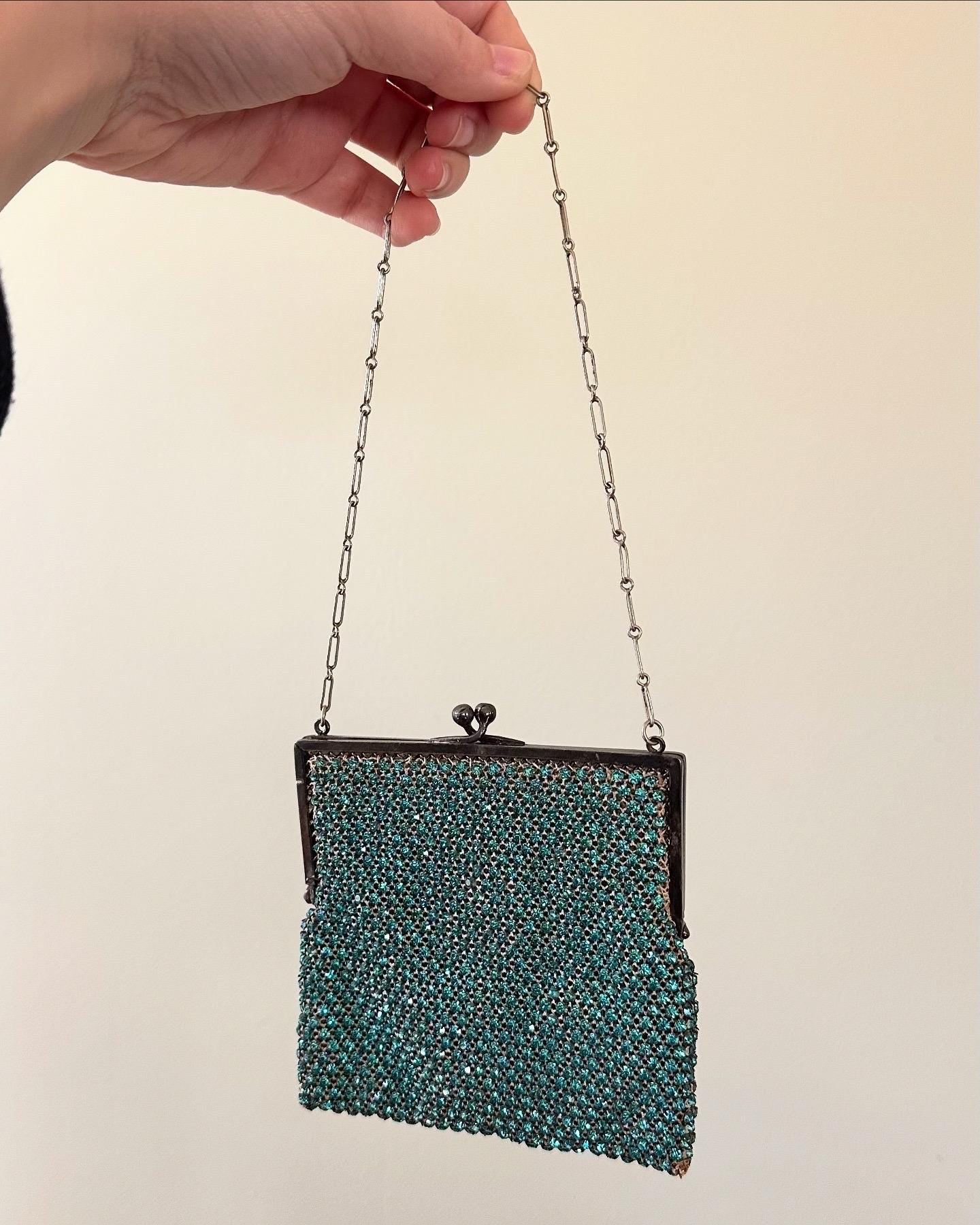 Antique Art Deco 1920s 1930s Czech Turquoise Faceted Rhinestone Chain Handle Purse Evening Bag