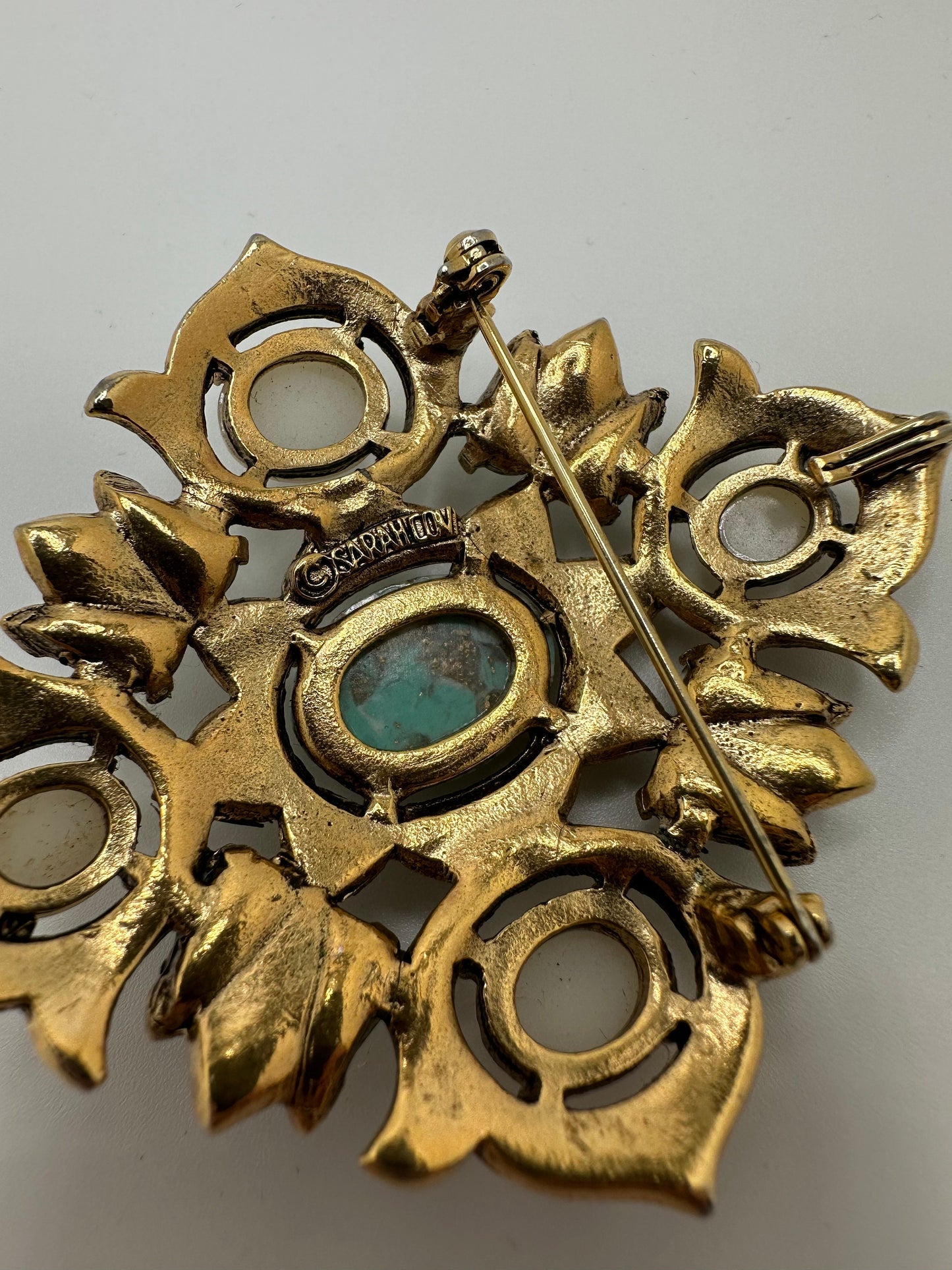 1960s Signed Sarah Coventry 'Remembrance' Brooch or Pendant with Faux Pearls and Turquoise Cabochon Center