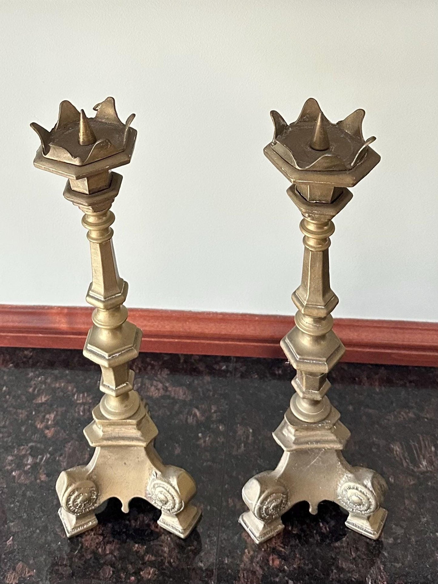 Pair of 1950s French Gothic Style Solid Brass Large Taper Candleholders Prickets