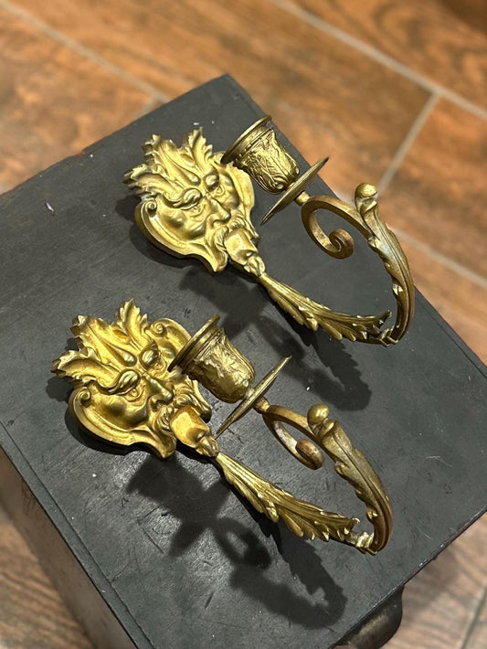 Pair of 1940s Brass Bacchus Devil Face Wall Sconces Candle Holders