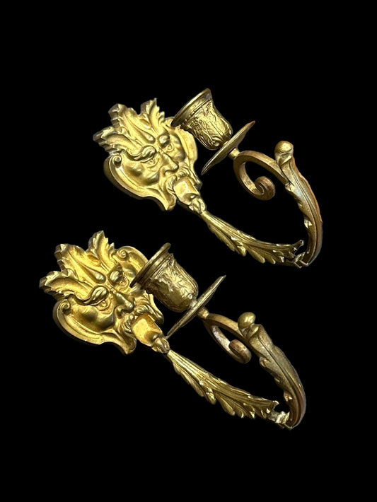 Pair of 1940s Brass Bacchus Devil Face Wall Sconces Candle Holders