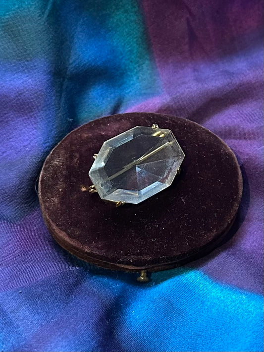 Antique Art Deco Czechoslovakia Faceted Clear Cut Glass Octagonal Gold Tone Brooch Pin