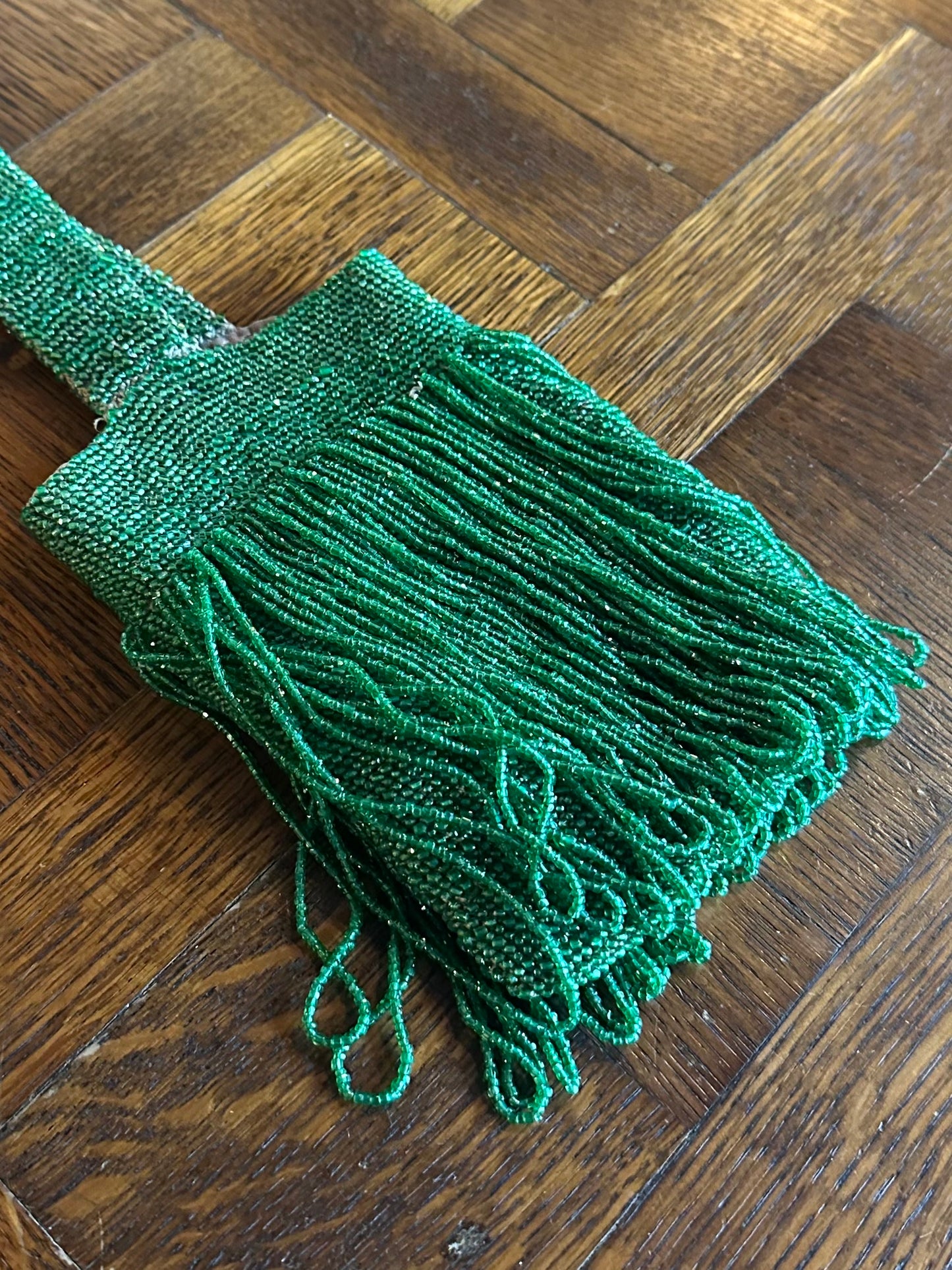 Antique 1920s Art Deco Green Glass Beaded Flapper Purse with Fringe
