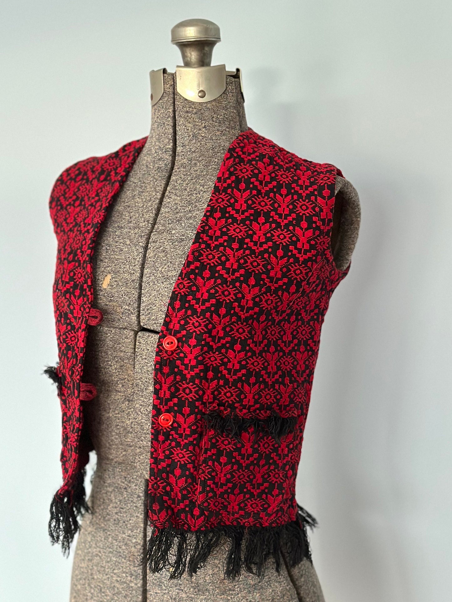 1970s Guatemalan Red & Black Woven Vest with Fringe