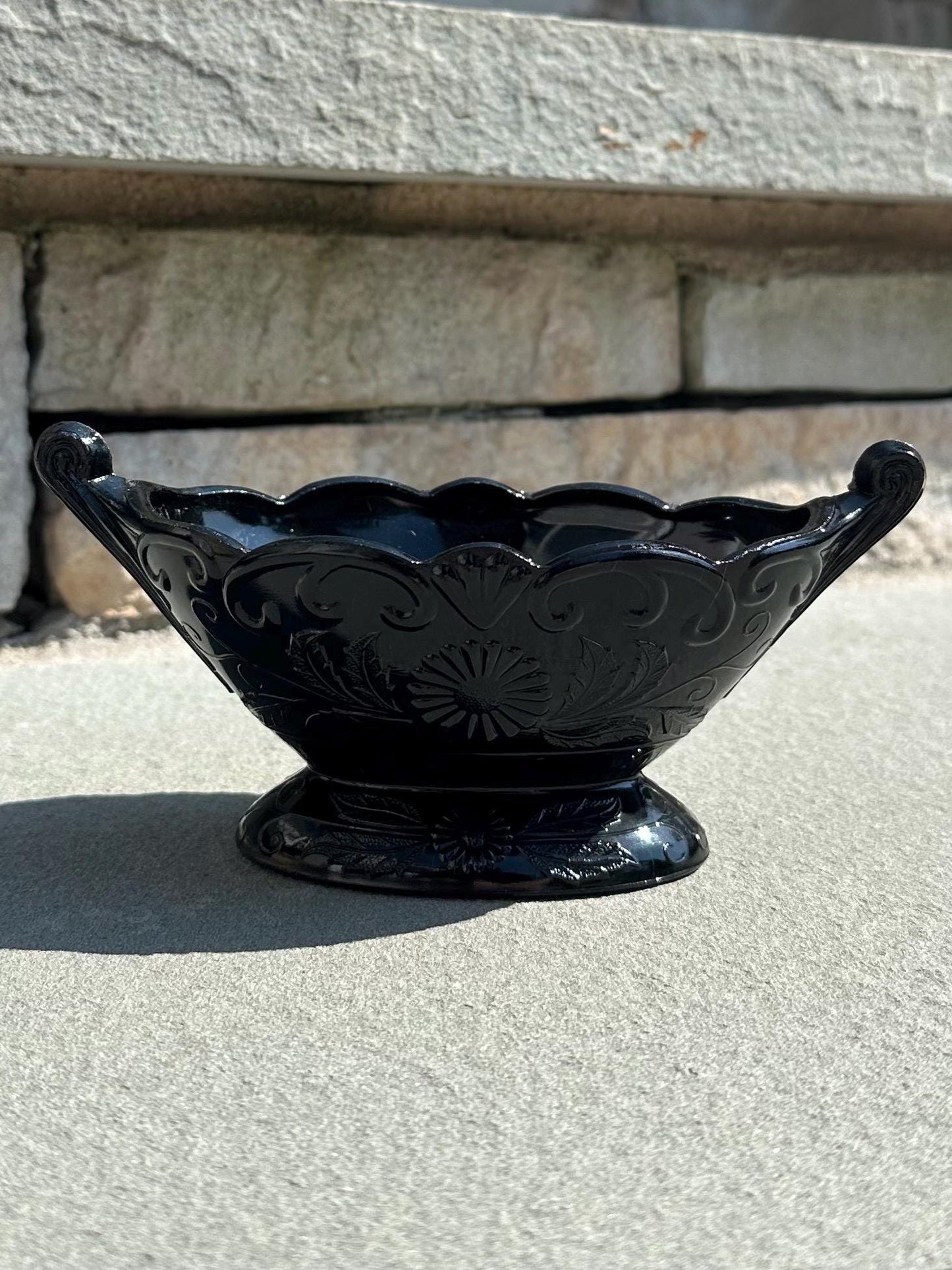 1930s Art Deco McKee Autumn Pattern Black Amethyst Glass Oval Footed Bowl Compote | 1 Piece