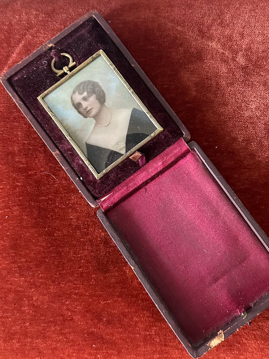 1930s Art Deco Framed Signed Hand Painted Portrait on Glass in Leather Wrapped & Velvet Case