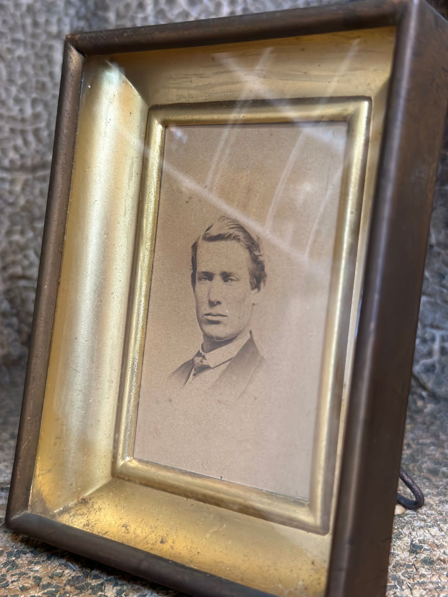 Antique 1908 Metal and Domed Glass Easel Frame with Photograph of Edwardian Era Man