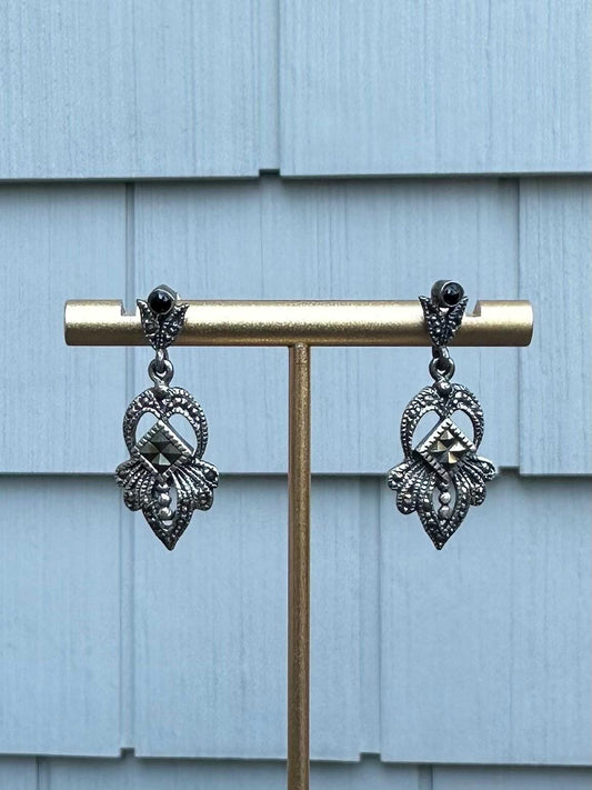 Vintage Sterling Silver Marcasite & Black Onyx Dangle Drop Earrings