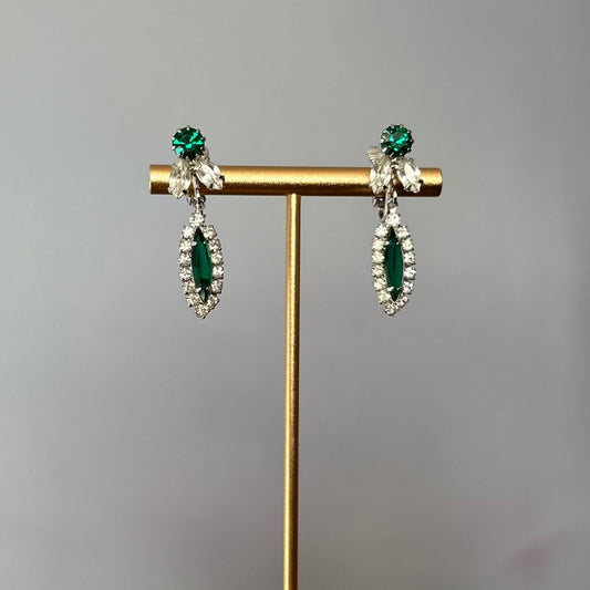 Stunning Vintage Midcentury Emerald Green Marquise & Clear Crystal Rhinestone Dangling Clip-on Earrings