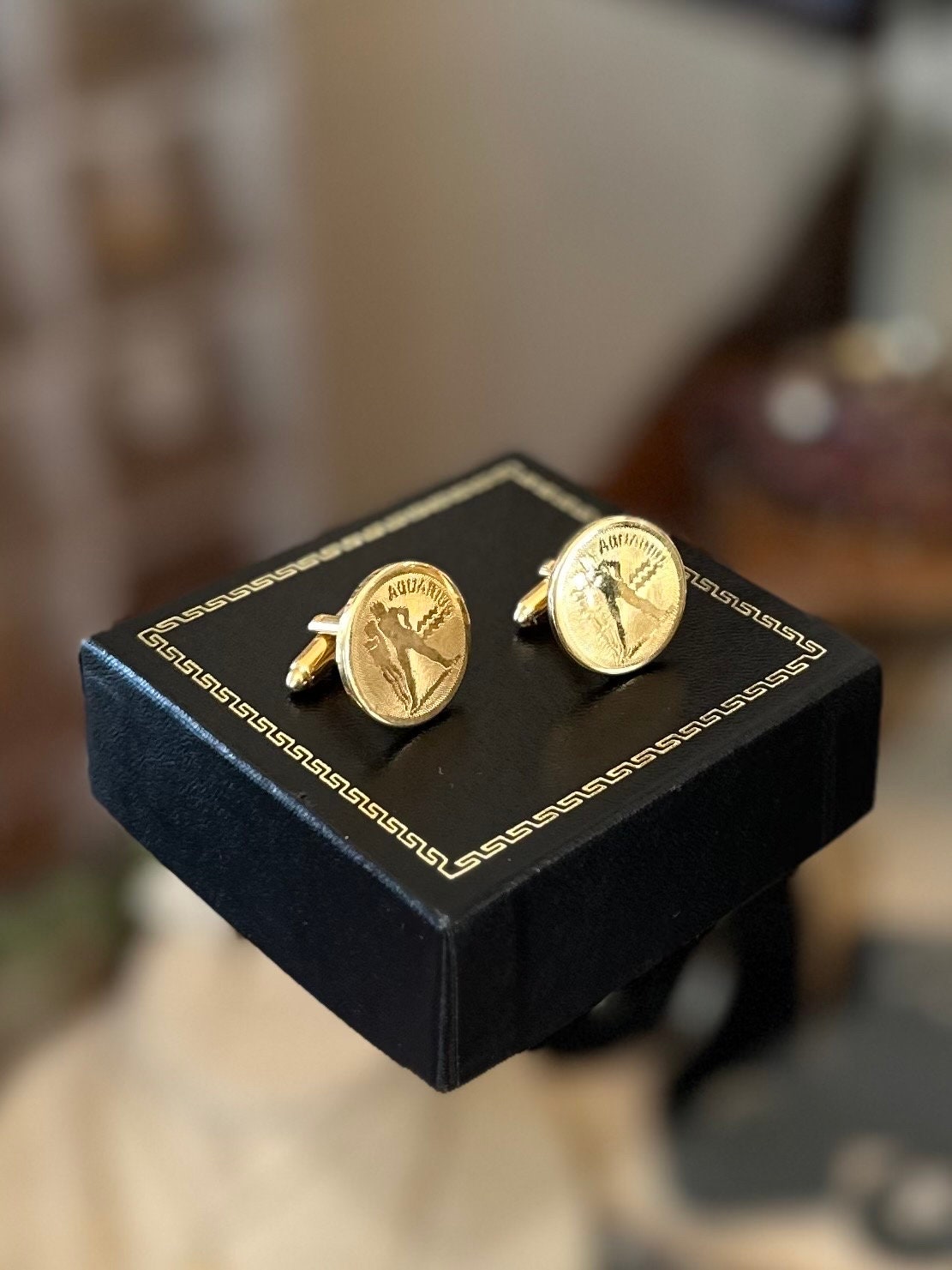 1960s Signed DANTE Aquarius Gold Tone Bullet Back Cuff Links Pair