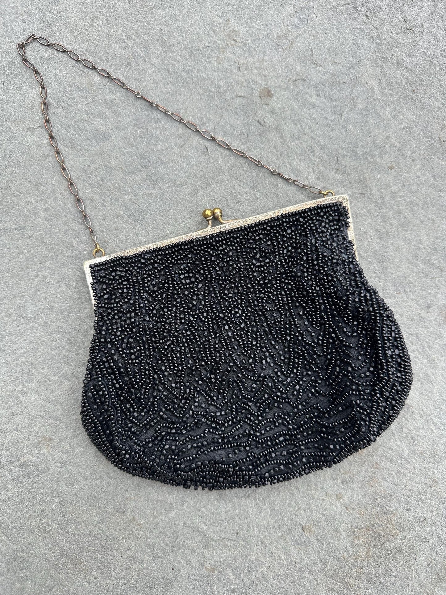 Antique 1920s Art Deco Era Hand Beaded Black Evening Bag