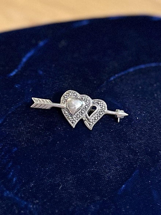 Vintage Sterling Silver & Marcasite Hearts and Arrow Brooch Pin