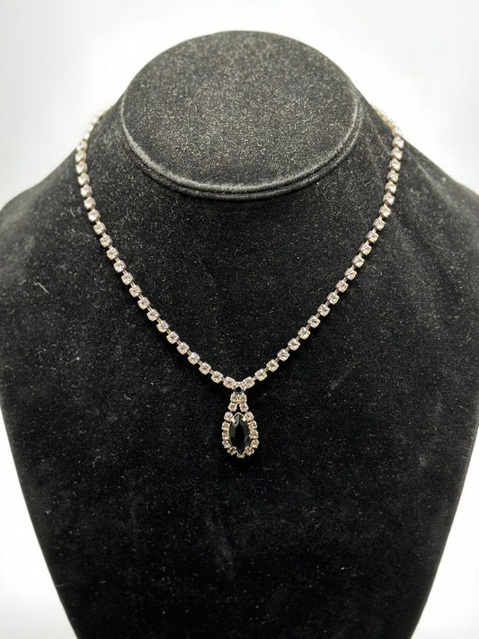 1950s Faceted Clear and Black Glass Rhinestone Necklace Marquise Teardrop
