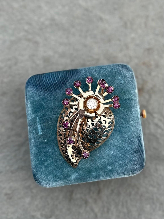 1950s 1960s Gold Tone and Purple Amethyst and Clear Rhinestone Floral Leaf Pendant or Brooch Pin