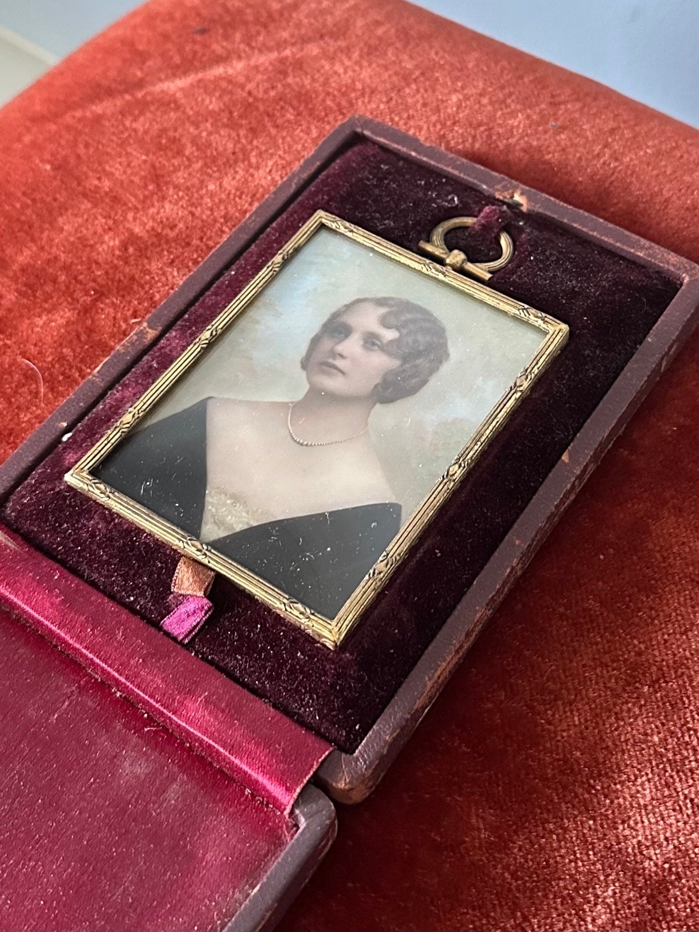 1930s Art Deco Framed Signed Hand Painted Portrait on Glass in Leather Wrapped & Velvet Case