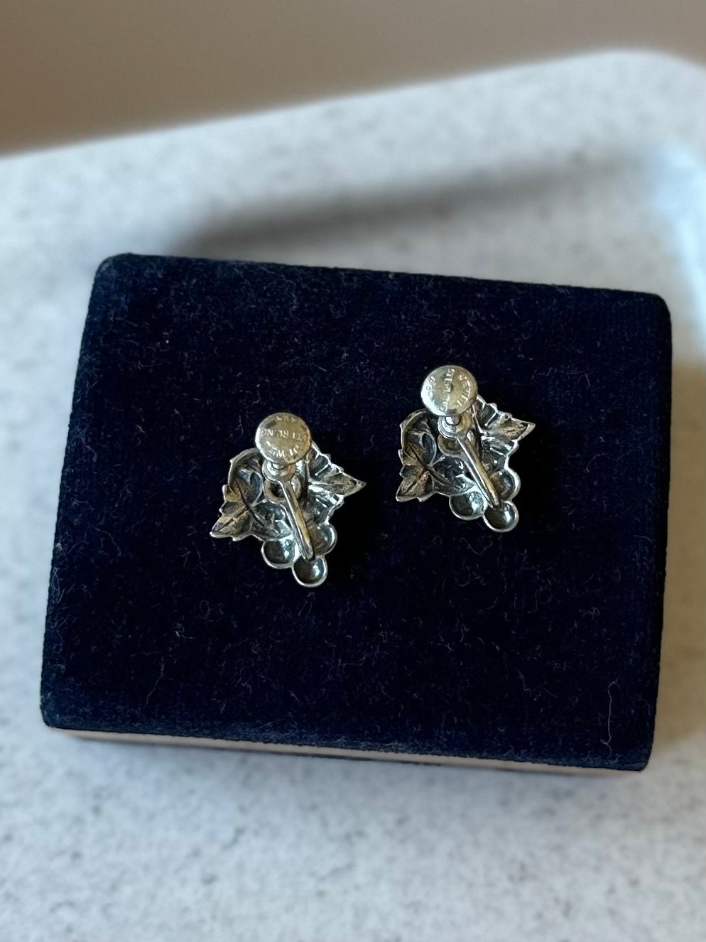 Vintage Midcentury Signed Jewel Art Sterling Silver Grape Leaves Cluster Motif Screw Back Earrings