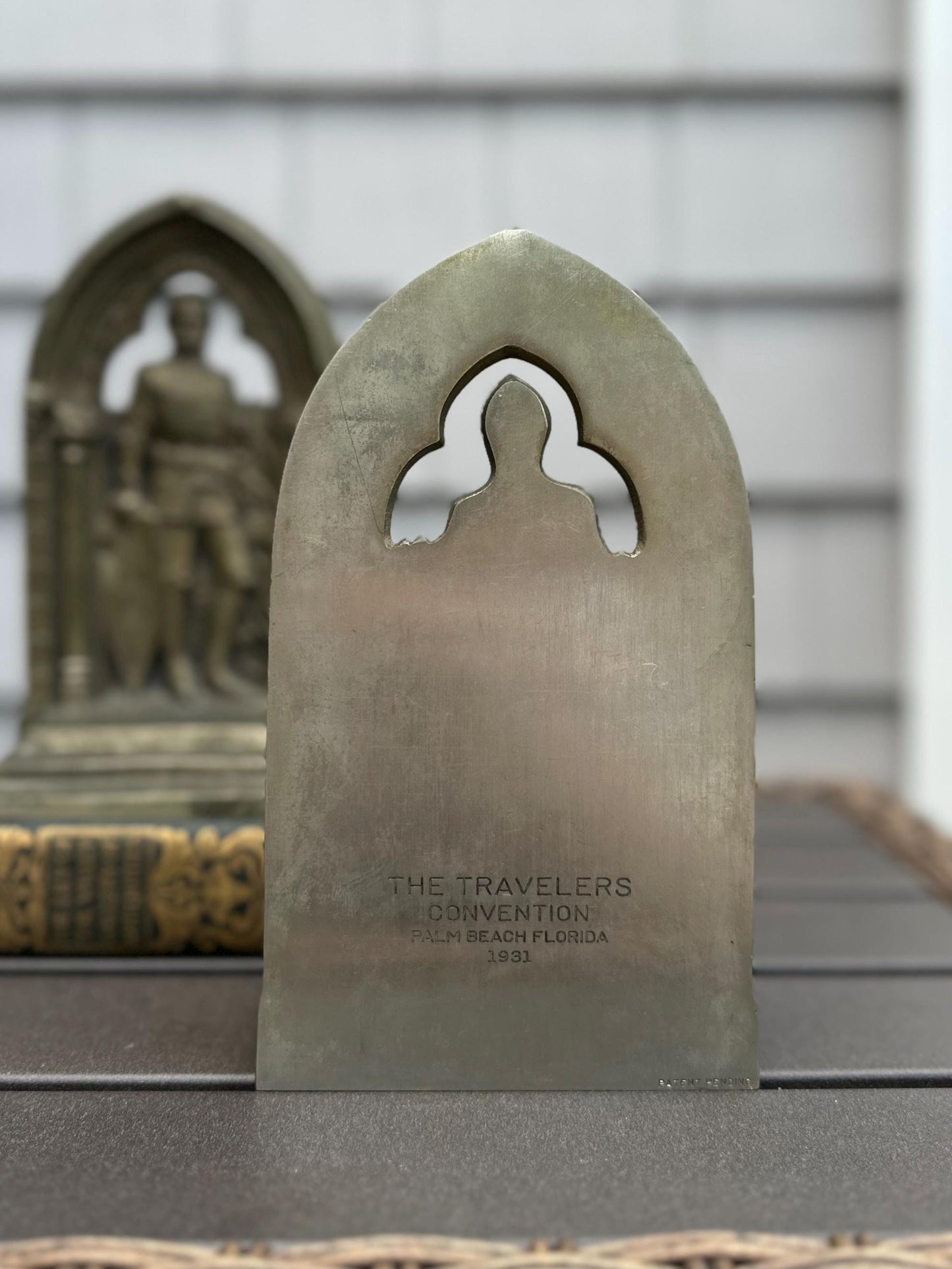 1930s Art Deco Bronze Knight in Archway The Travelers Convention Palm Beach FL 1931 Bookends
