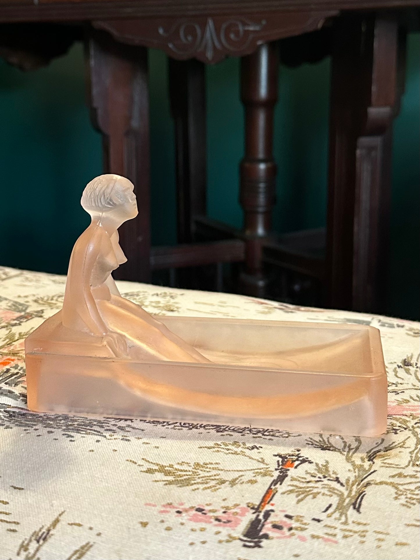 1981 Art Deco Nude Lady Bathing Pink Frosted Glass Soap Dish or Trinket Tray
