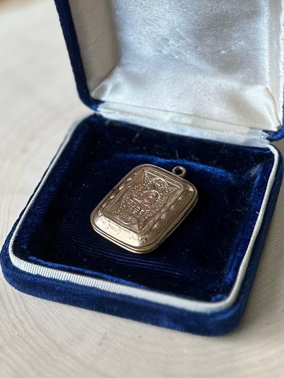Antique 19th Century Victorian Gold Filled Hand Engraved Rectangular Locket 2 Tin Type Photos Husband & Wife Mourning