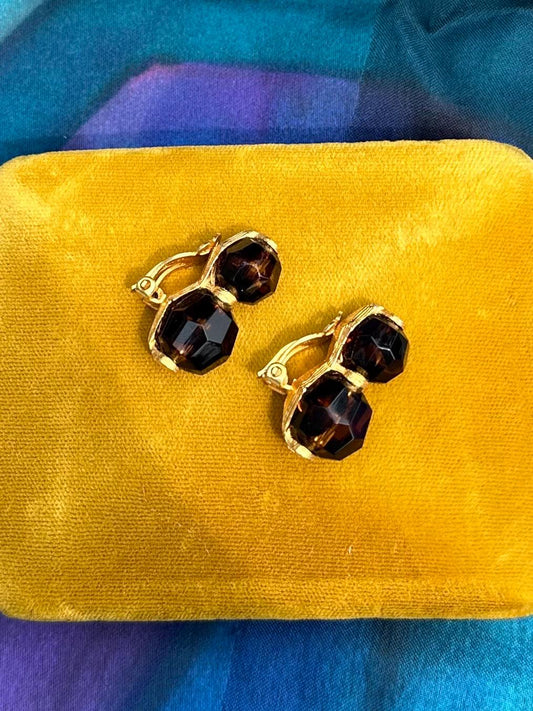 1950s Signed JONNE Schrager Gold Tone & Brown Tortoise Faceted Glass Clip-on Earrings Midcentury