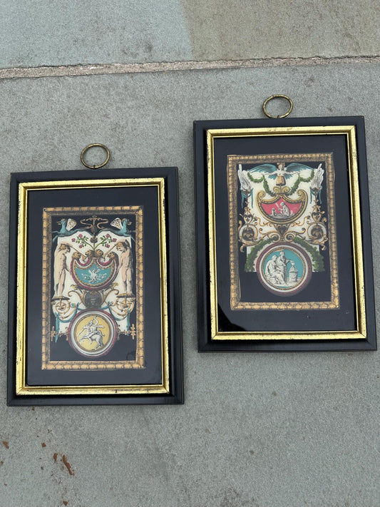Pair of 1940s 1950s Reverse Painted Neoclassical Greek Roman Mythology Black & Gold Framed Wall Decor