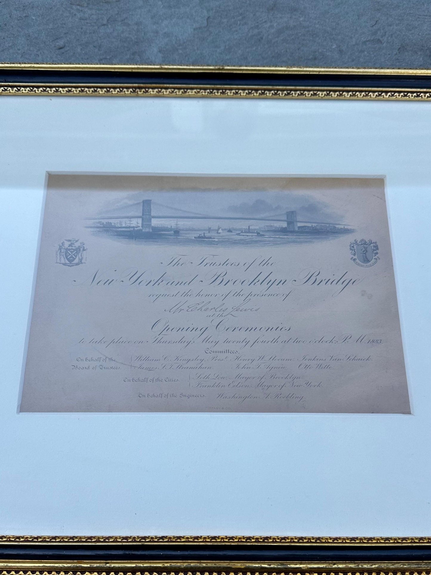 Framed Antique 1883 Original Invitation Opening Ceremonies New York Brooklyn Bridge May 24 1883 Signed